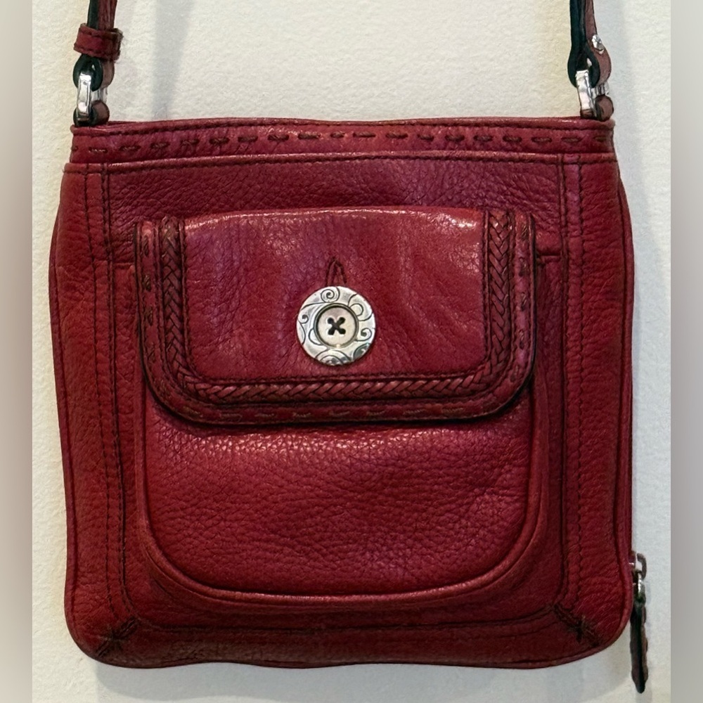 Brighton Red Leather Crossbody Organizer Bag Braided Trim Silver Hardware